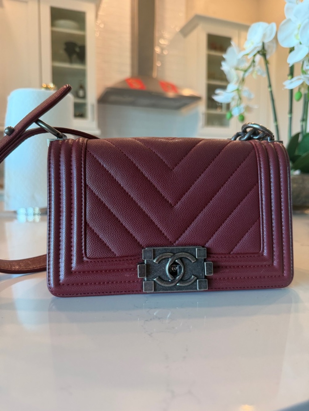 CHANEL Boy Chevron Crossbody Bag in Burgundy Red